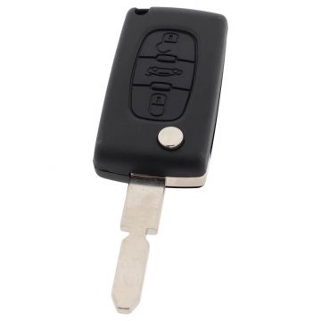 Peugeot 3-button folding key - key blade point with notch center - battery on chip - push button for trunk